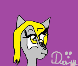 Size: 656x560 | Tagged: safe, artist:lunablu3berry, imported from derpibooru, derpy hooves, pegasus, pony, 1000 hours in ms paint, :3, derp, female, mare, purple background, simple background, smiling, solo, text