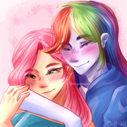 Size: 3000x3000 | Tagged: safe, artist:rmariansj, imported from derpibooru, fluttershy, rainbow dash, human, equestria girls, blushing, duo, female, flutterdash, hug, lesbian, shipping