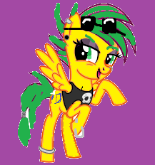 Size: 217x232 | Tagged: safe, artist:lunablu3berry, imported from derpibooru, oc, oc only, oc:jade, pegasus, pony, 1000 hours in ms paint, bracelet, clothes, eyeshadow, female, glasses, jewelry, makeup, mare, older, purple background, simple background, skull, smiling, solo, super filly adventure, wings