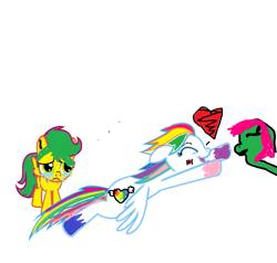 Size: 715x681 | Tagged: safe, artist:lunablu3berry, imported from derpibooru, oc, oc only, oc:greener pastel, oc:jade, oc:rainbow heart, earth pony, pegasus, pony, 1000 hours in ms paint, crying, eyes closed, female, filly, floppy ears, foal, mare, sad, simple background, smiling, spread wings, super filly adventure, white background, wings