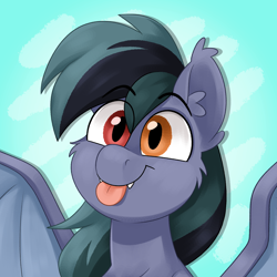 Size: 2500x2500 | Tagged: safe, artist:luximus17, imported from derpibooru, oc, oc only, oc:scrimmy, bat pony, pony, :p, bat pony oc, bat wings, bust, cute, ear fluff, fangs, heterochromia, looking at you, male, ocbetes, portrait, simple background, solo, stallion, tongue out, wings