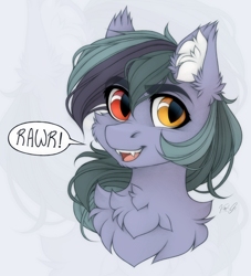 Size: 1500x1650 | Tagged: safe, artist:vird-gi, imported from derpibooru, oc, oc only, oc:scrimmy, bat pony, pony, bat pony oc, bust, cheek fluff, chest fluff, cute, dialogue, ear fluff, fangs, fluffy, heterochromia, looking at you, male, ocbetes, portrait, rawr, simple background, solo, speech bubble, stallion