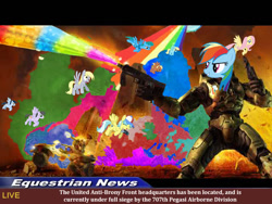 Size: 640x480 | Tagged: safe, edit, imported from derpibooru, derpy hooves, fluttershy, rainbow dash, pegasus, pony, anti-brony, artifact, camera, female, gun, halo (series), hat, male, master chief, meme, news, news report, rainbow, weapon