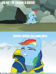 Size: 500x658 | Tagged: safe, edit, edited screencap, imported from derpibooru, screencap, rainbow dash, pegasus, pony, may the best pet win, artifact, bear grylls, blushing, caption, image macro, impact font, implied piss drinking, meme, my little brony, ponified meme, rock, text, vulgar, watermark