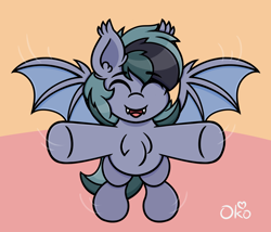 Size: 1400x1200 | Tagged: safe, artist:okopod, imported from derpibooru, oc, oc only, oc:scrimmy, bat pony, pony, bat pony oc, bat wings, chest fluff, cute, ear fluff, fangs, flying, heterochromia, incoming hug, male, ocbetes, simple background, solo, spread wings, stallion, wings