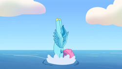 Size: 3410x1920 | Tagged: safe, imported from derpibooru, screencap, pegasus, pony, spoiler:g5, spoiler:my little pony: tell your tale, spoiler:tyts01e13, cloud, diving, dumpster diving, g5, goggles, hat, high res, male, my little pony: tell your tale, neptune (g5), solo, spread wings, stallion, swimming cap, swimming goggles, wings