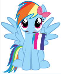 Size: 560x675 | Tagged: safe, imported from derpibooru, rainbow dash, pegasus, pony, blushing, bow, cute, dashabetes, mouth hold, pride, pride flag, simple background, sitting, spread wings, straight pride flag, vector, white background, wings
