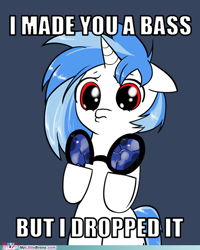 Size: 500x625 | Tagged: safe, artist:valcron, imported from derpibooru, dj pon-3, vinyl scratch, pony, unicorn, artifact, bass drop, bipedal, broken, but i eated it, caption, cracked, drop the bass, female, floppy ears, image macro, impact font, meme, my little brony, pun, sad, simple background, solo, sunglasses, text, watermark