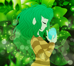 Size: 1024x918 | Tagged: safe, artist:sorrowfuldownpour, imported from derpibooru, wallflower blush, human, a friendship to remember, equestria girls, equestria girls series, forgotten friendship, eyes closed, female, green, memory stone, solo, wallflower and plants