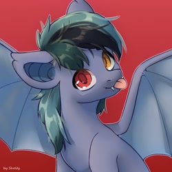 Size: 1000x1000 | Tagged: safe, artist:shelti, imported from derpibooru, oc, oc only, oc:scrimmy, bat pony, pony, :p, bat pony oc, bat wings, colored pupils, cute, fangs, heterochromia, looking at you, male, ocbetes, red background, simple background, solo, spread wings, stallion, tongue out, wings