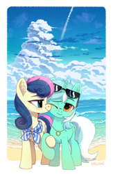 Size: 2067x3173 | Tagged: safe, artist:kaylemi, imported from derpibooru, bon bon, lyra heartstrings, sweetie drops, earth pony, pony, unicorn, beach, blushing, cloud, cute, female, high res, holding hooves, lesbian, lyrabon, mare, ocean, one eye closed, shipping, smiling, snuggling, sunglasses, water