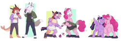 Size: 4800x1646 | Tagged: safe, artist:fauvfox, imported from derpibooru, pinkie pie, twilight sparkle, oc, alicorn, earth pony, pony, abstract background, clothes, cupcake, duo, female, food, furry, furry oc, glasses, high res, nonbinary, transformation, transformation sequence, twilight sparkle (alicorn)