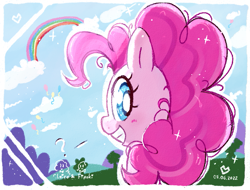 Size: 933x710 | Tagged: safe, artist:fipoki, imported from derpibooru, pinkie pie, earth pony, pony, balloon, bust, cute, diapinkes, female, looking back, mare, portrait, question mark, rainbow, smiling, solo