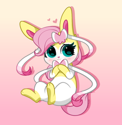 Size: 4000x4080 | Tagged: safe, artist:kittyrosie, imported from derpibooru, part of a set, fluttershy, sylveon, absurd resolution, blushing, cute, daaaaaaaaaaaw, drop shadow, female, gradient background, hair accessory, heart, kittyrosie is trying to murder us, looking at you, pokefied, pokémon, shyabetes, solo, sweet dreams fuel, weapons-grade cute