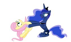 Size: 3177x1887 | Tagged: safe, artist:sakatagintoki117, imported from derpibooru, fluttershy, princess luna, alicorn, pegasus, pony, .psd available, cartoon physics, duo, ethereal mane, ethereal tail, excited, female, height difference, helpless, hoof shoes, jewelry, mare, open mouth, princess shoes, regalia, simple background, slim, tail, transparent background, vector