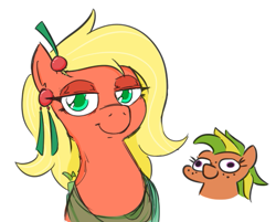 Size: 503x405 | Tagged: safe, artist:jargon scott, imported from derpibooru, oc, oc only, oc:bahama nectar, oc:papaya nectar, earth pony, pony, colored pupils, duo, female, filly, foal, freckles, looking at each other, mare, mother and child, mother and daughter, simple background, smiling, smiling at each other, squatpony, white background