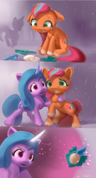 Size: 2000x3705 | Tagged: safe, artist:auroriia, imported from derpibooru, izzy moonbow, sunny starscout, earth pony, pony, unicorn, broken, comic, crying, crystal, earth pony crystal, g5, levitation, magic, pegasus crystal, rain, telekinesis, unicorn crystal, unity crystals