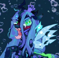 Size: 1024x1020 | Tagged: safe, artist:bug-roux, imported from derpibooru, queen chrysalis, changeling, changeling queen, blue background, female, heart, looking at you, mare, simple background, solo, tongue out