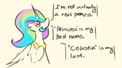 Size: 1800x1000 | Tagged: safe, artist:manicpanda, imported from derpibooru, princess celestia, alicorn, pony, dialogue, female, hoof on chest, mare, simple background, solo, talking to viewer, yellow background