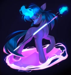 Size: 1936x2048 | Tagged: safe, artist:draw3, imported from derpibooru, oc, oc only, oc:arclight, pony, unicorn, black background, glowing, glowing horn, horn, magic, rapier, simple background, smiling, smirk, solo, sword, telekinesis, weapon