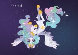 Size: 1195x850 | Tagged: safe, artist:batthsalts, imported from derpibooru, princess celestia, alicorn, pony, looking at you, solo, sparkles, spread wings, upside down, wide eyes, wings