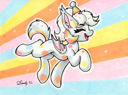 Size: 2048x1530 | Tagged: safe, artist:dandy, imported from derpibooru, oc, oc only, oc:confetti cupcake, bat pony, pony, blushing, copic, cute, cute little fangs, ear fluff, eyes closed, fangs, happy, hat, party hat, signature, smiling, solo, traditional art