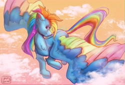 Size: 4096x2803 | Tagged: safe, artist:jaynsparkle, imported from derpibooru, rainbow dash, pegasus, pony, chest fluff, cloud, colored wings, colored wingtips, female, flying, g5 concept leak style, lidded eyes, looking at you, mare, multicolored wings, rainbow wings, smiling, solo, spread wings, wings