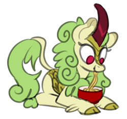 Size: 1578x1479 | Tagged: safe, artist:nonameorous, imported from derpibooru, spring glow, kirin, sounds of silence, bowl, food, green hair, looking down, noodle, noodle bowl, noodles, pink eyes, simple background, sitting, solo, transparent background