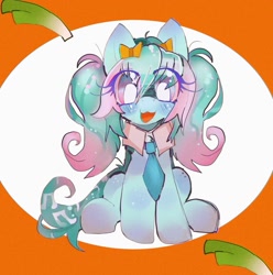 Size: 1015x1024 | Tagged: safe, artist:bug-roux, imported from derpibooru, kotobukiya, earth pony, pony, :3, anime, eye clipping through hair, female, hatsune miku, leek, mare, necktie, open mouth, orange background, ponified, simple background, sitting, solo, vocaloid