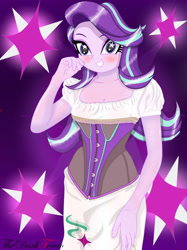 Size: 1280x1707 | Tagged: safe, artist:thedarktercio, imported from derpibooru, starlight glimmer, human, equestria girls, blushing, clothes, corset, cute, dress, eyebrows, female, glimmerbetes, grin, signature, smiling, solo, starry eyes, wingding eyes