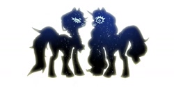 Size: 1701x851 | Tagged: safe, artist:batthsalts, imported from derpibooru, izzy moonbow, sunny starscout, earth pony, pony, unicorn, g5, grin, looking at you, looking back, looking back at you, silhouette, simple background, smiling, stars, white background