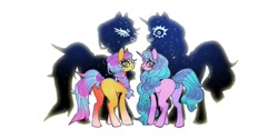 Size: 1701x851 | Tagged: safe, artist:batthsalts, imported from derpibooru, izzy moonbow, sunny starscout, earth pony, pony, unicorn, butt, g5, grin, looking at you, looking back, looking back at you, plot, silhouette, simple background, smiling, stars, white background