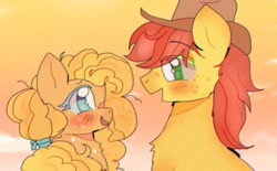 Size: 1024x635 | Tagged: safe, artist:bug-roux, imported from derpibooru, bright mac, pear butter, earth pony, pony, brightbutter, cowboy hat, duo, eye clipping through hair, female, hat, looking at each other, looking at someone, male, mare, shipping, stallion, straight