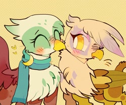 Size: 1024x853 | Tagged: safe, artist:bug-roux, imported from derpibooru, gilda, greta, griffon, ^^, blushing, cheek kiss, chest fluff, clothes, cute, duo, duo female, eyes closed, female, folded wings, grelda, heart, kissing, lesbian, looking at someone, one eye closed, scarf, shipping, simple background, wings, yellow background