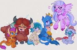 Size: 1556x1008 | Tagged: safe, artist:bug-roux, imported from derpibooru, gallus, ocellus, sandbar, silverstream, smolder, yona, changedling, changeling, classical hippogriff, dragon, earth pony, griffon, hippogriff, pony, yak, bow, cloven hooves, colored hooves, dragoness, eyes closed, female, flying, folded wings, hair bow, implied gallbar, implied gay, implied shipping, jewelry, looking at someone, lying down, male, monkey swings, necklace, one eye closed, onomatopoeia, prone, simple background, sitting, sleeping, sound effects, stallion, student six, teenager, white background, wings, wink, zzz