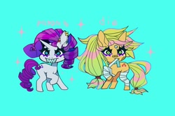 Size: 1134x747 | Tagged: safe, artist:batthsalts, imported from derpibooru, applejack, rarity, earth pony, pony, unicorn, bandage, blue background, chibi, cyan background, ear piercing, earring, grin, jewelry, mouth hold, piercing, sharp teeth, simple background, smiling, sparkles, teeth