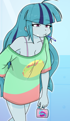 Size: 740x1280 | Tagged: safe, artist:batipin, imported from derpibooru, sonata dusk, human, equestria girls, bra, breasts, butt scratch, cleavage, clothes, eyebrows, eyebrows visible through hair, female, loose fitting clothes, loose hair, mug, solo, tired, toothbrush, underwear