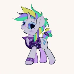 Size: 1024x1024 | Tagged: safe, artist:bug-roux, imported from derpibooru, rarity, pony, unicorn, alternate hairstyle, bracelet, clothes, female, horn, jewelry, lidded eyes, mare, punk, raripunk, simple background, solo, white background