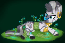 Size: 2304x1544 | Tagged: safe, artist:enteryourponyname, imported from derpibooru, zecora, butterfly, zebra, bag, bandage, female, lying, plant, saddle bag, simple background, solo