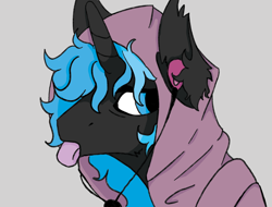 Size: 4096x3112 | Tagged: safe, artist:hrabiadeblacksky, imported from derpibooru, oc, oc only, oc:hrabia de black sky, bat pony, hybrid, kirin, original species, pony, unicorn, blue eyes, blue hair, bust, clothes, ear fluff, earbuds, gray background, hoodie, horn, looking at you, male, pink, portrait, simple background, solo, stallion