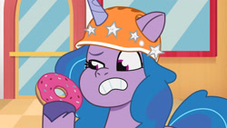 Size: 3410x1920 | Tagged: safe, imported from derpibooru, screencap, izzy moonbow, pony, unicorn, spoiler:g5, spoiler:my little pony: tell your tale, spoiler:tyts01e13, donut, dumpster diving, female, food, g5, helmet, high res, mare, my little pony: tell your tale, solo
