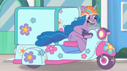 Size: 3410x1920 | Tagged: safe, imported from derpibooru, screencap, izzy moonbow, pony, unicorn, spoiler:g5, spoiler:my little pony: tell your tale, spoiler:tyts01e13, dumpster diving, female, g5, helmet, high res, mare, motorcycle, my little pony: tell your tale, open mouth, open smile, smiling, solo