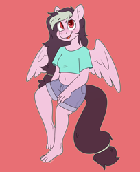 Size: 3170x3881 | Tagged: safe, artist:retromochi, imported from derpibooru, oc, oc:galactic lights, anthro, pegasus, plantigrade anthro, barefoot, belly button, clothes, feet, happy, midriff, pegasus oc, short shirt, shorts, smiling, solo, toes, wings