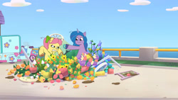 Size: 3410x1920 | Tagged: safe, imported from derpibooru, screencap, izzy moonbow, earth pony, pony, unicorn, spoiler:g5, spoiler:my little pony: tell your tale, spoiler:tyts01e13, angry, dumpster diving, duo, female, flower, g5, high res, mare, motorcycle, my little pony: tell your tale, posey bloom, posey can't catch a break, smiling