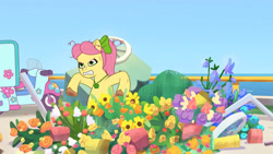 Size: 3410x1920 | Tagged: safe, imported from derpibooru, screencap, earth pony, pony, spoiler:g5, spoiler:my little pony: tell your tale, spoiler:tyts01e13, angry, bow, dumpster diving, female, flower, g5, gritted teeth, hair bow, high res, jewelry, mare, motorcycle, my little pony: tell your tale, necklace, ponytail, posey bloom, posey can't catch a break, solo, teeth