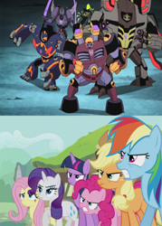 Size: 804x1124 | Tagged: safe, edit, imported from derpibooru, screencap, applejack, fluttershy, pinkie pie, rainbow dash, rarity, twilight sparkle, alicorn, earth pony, pegasus, pony, robot, unicorn, slice of life (episode), blackout, clash of hasbro's titans, comparison, cyclonus, decepticon, mane six, oil slick, spittor, strika, team chaar, transformers, transformers animated, twilight sparkle (alicorn)