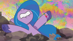 Size: 3410x1920 | Tagged: safe, imported from derpibooru, screencap, izzy moonbow, pony, unicorn, spoiler:g5, spoiler:my little pony: tell your tale, spoiler:tyts01e13, dumpster diving, female, g5, high res, lip bite, mare, my little pony: tell your tale, nose in the air, solo, t.r.a.s.h