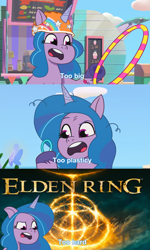 Size: 900x1500 | Tagged: safe, edit, edited screencap, imported from derpibooru, screencap, izzy moonbow, pony, unicorn, spoiler:g5, spoiler:my little pony: tell your tale, spoiler:tyts01e13, comic, dumpster diving, elden ring, g5, git gud, my little pony: tell your tale, screencap comic, solo, text