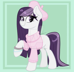 Size: 1280x1243 | Tagged: safe, artist:cadetredshirt, imported from derpibooru, oc, oc only, earth pony, pony, adoptable, bangs, beads, beauty mark, beret, bracelet, clothes, colored, deviantart watermark, digital art, ear fluff, eye clipping through hair, eyelashes, eyeshadow, female, for sale, green background, hat, jewelry, long mane, long tail, looking at you, makeup, mare, no cutie marks yet, obtrusive watermark, pink eyeshadow, purple eyes, purple hair, raised hoof, shiny, simple background, simple shading, smiling, smiling at you, solo, standing, straight hair, straight mane, sweater, tail, two toned mane, two toned tail, watermark, white coat