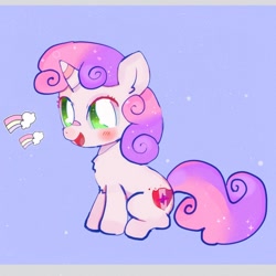 Size: 1200x1200 | Tagged: safe, artist:bug-roux, imported from derpibooru, sweetie belle, pony, unicorn, blue background, cloud, female, filly, foal, horn, looking at you, rainbow, simple background, sitting, solo, the cmc's cutie marks